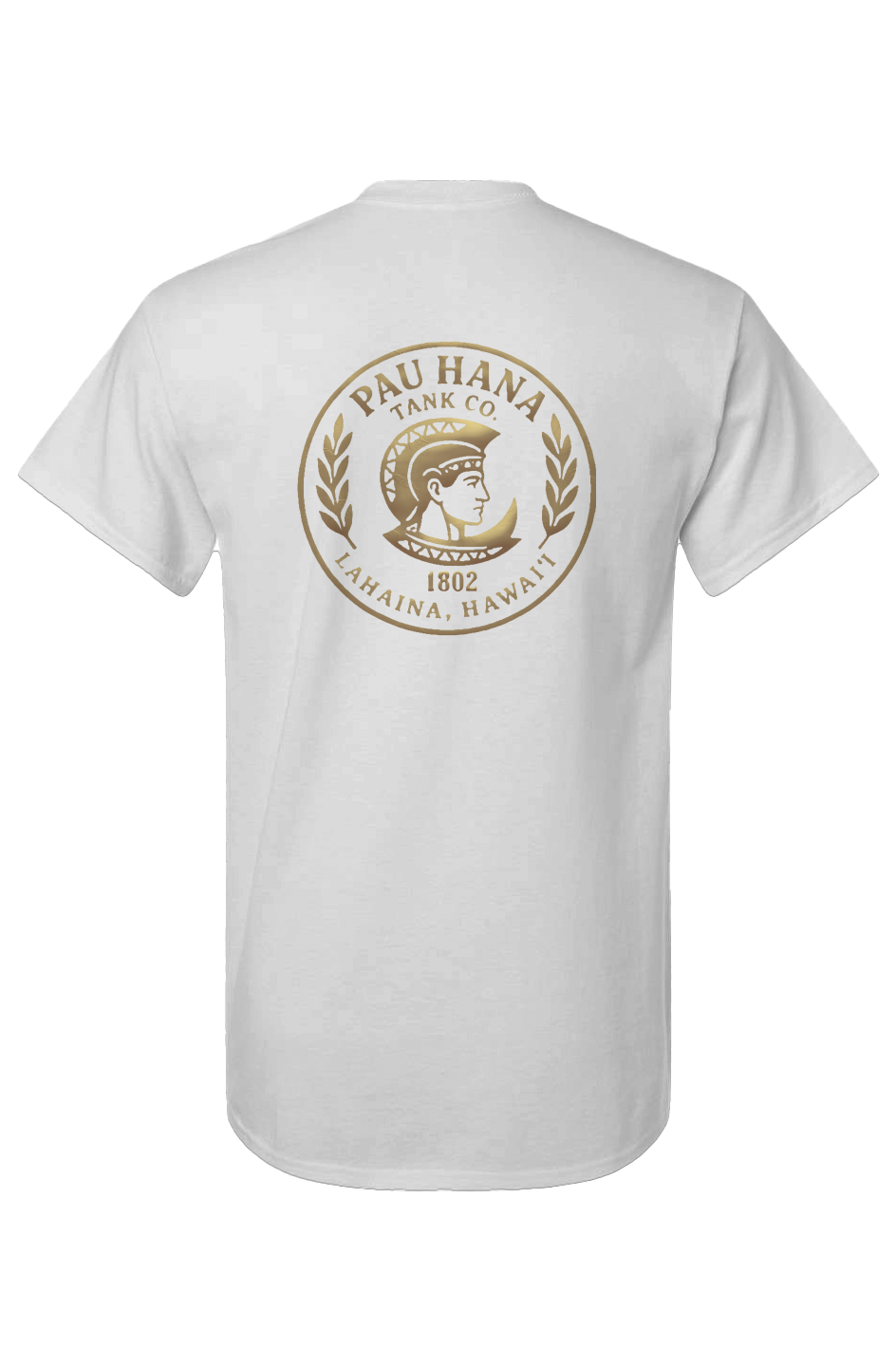 Unisex Pau Hana Gold Metal Corp Logo on White Cotton T-Shirt