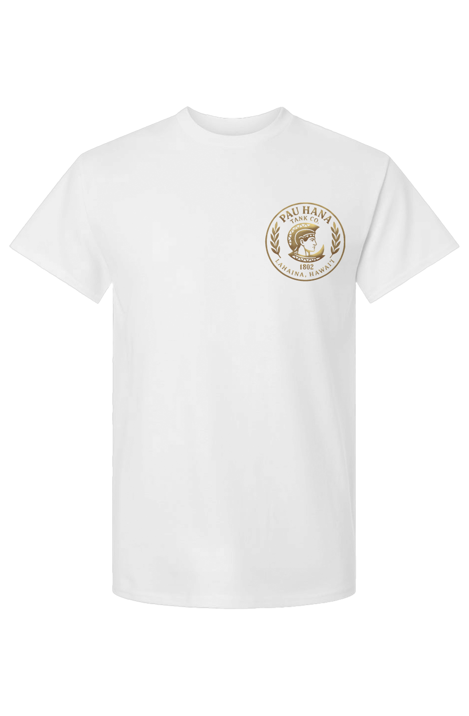 Unisex Pau Hana Gold Metal Corp Logo on White Cotton T-Shirt